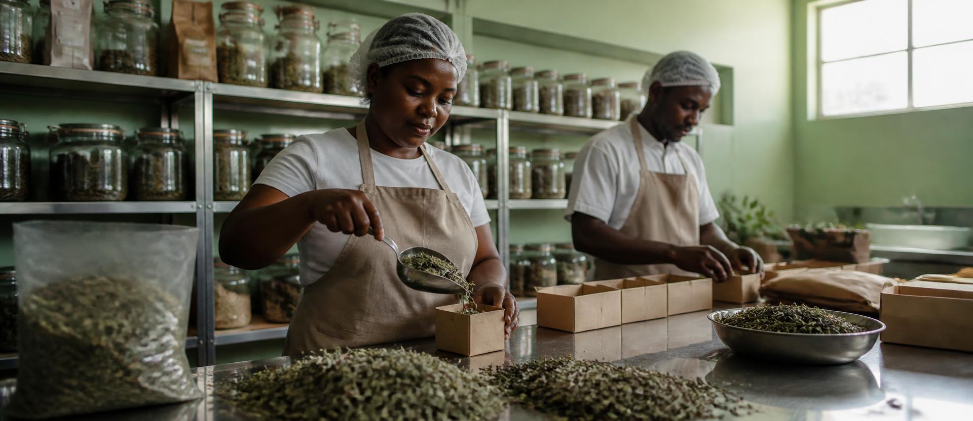 Two HerbaBrew packers filling cartons of loose herbs in the Johannesburg packing room