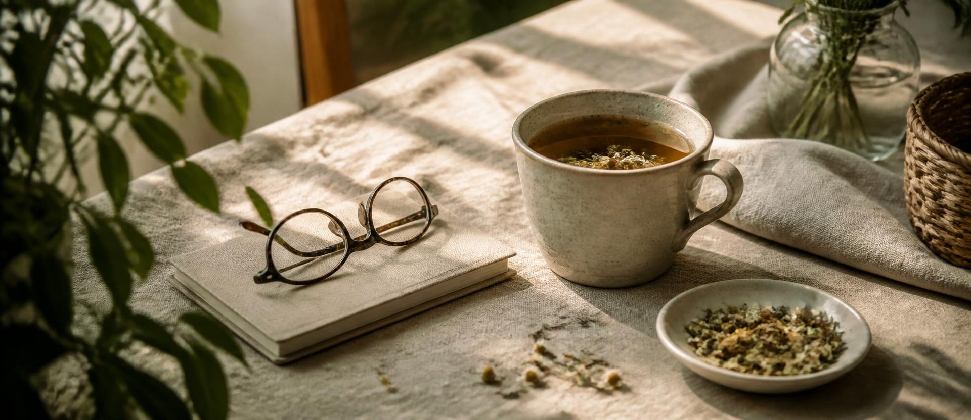 A customer holding a warm glass cup of HerbaBrew herbal tea